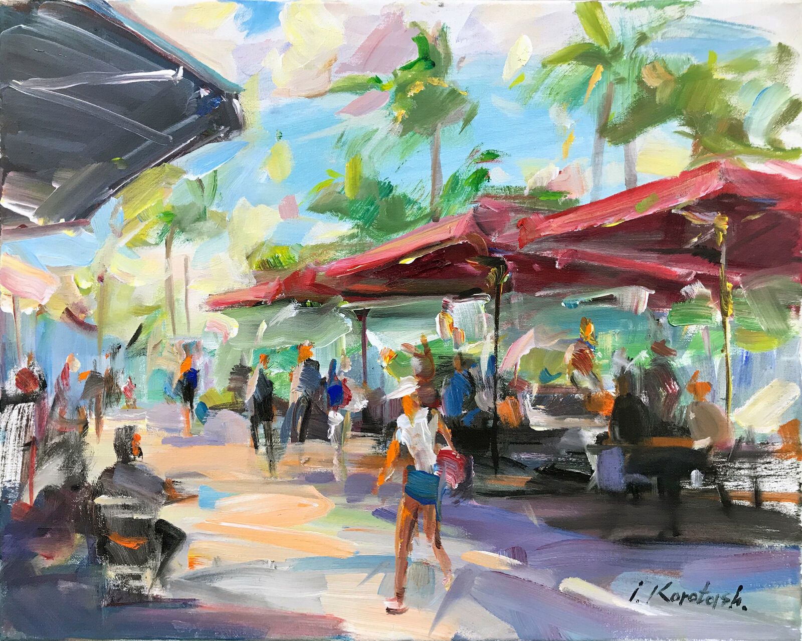 Red Umbrella - South Beach Miami (Original Painting) by Igor Korotash, 2018