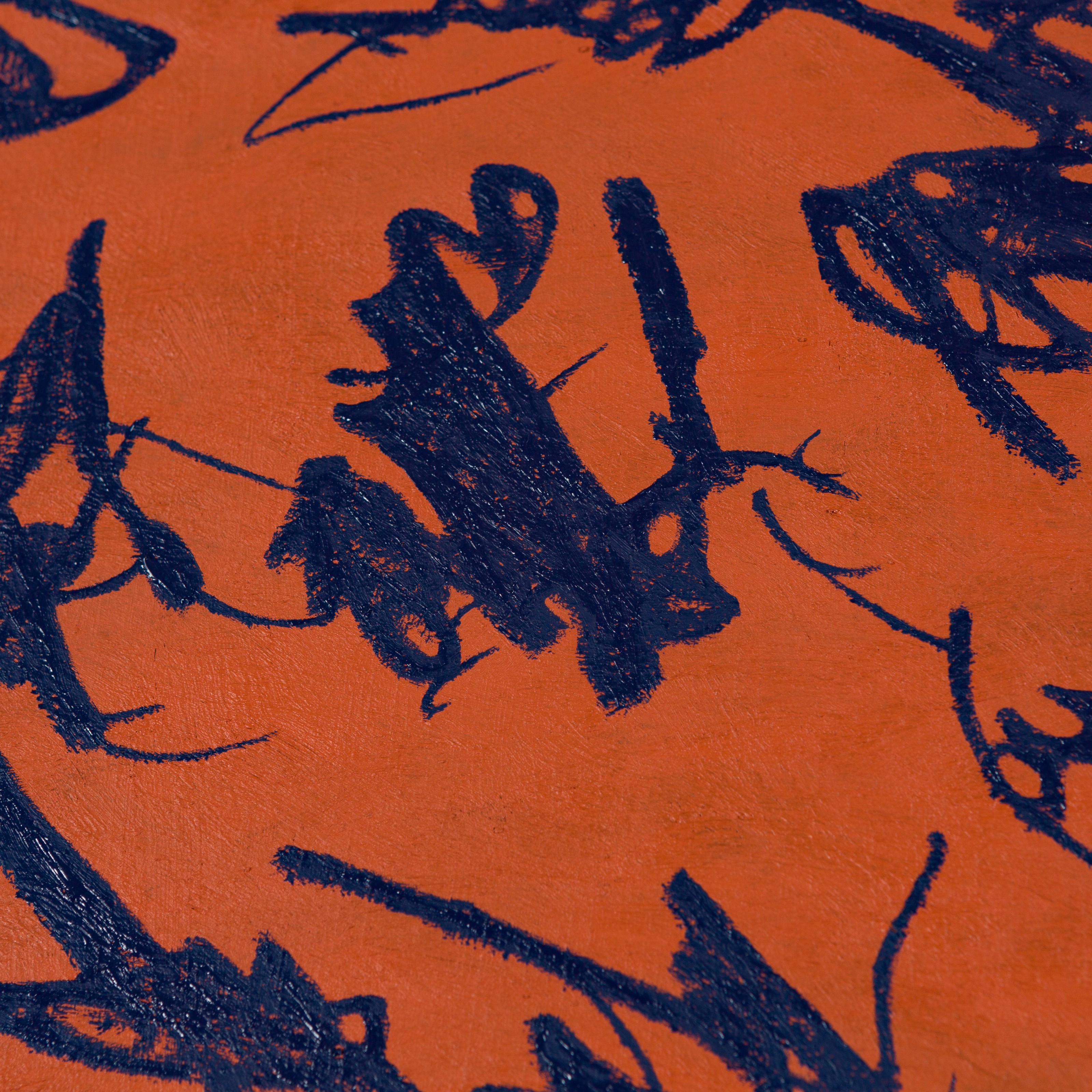 A bold abstract composition featuring dark blue jagged lines against a textured orange background.