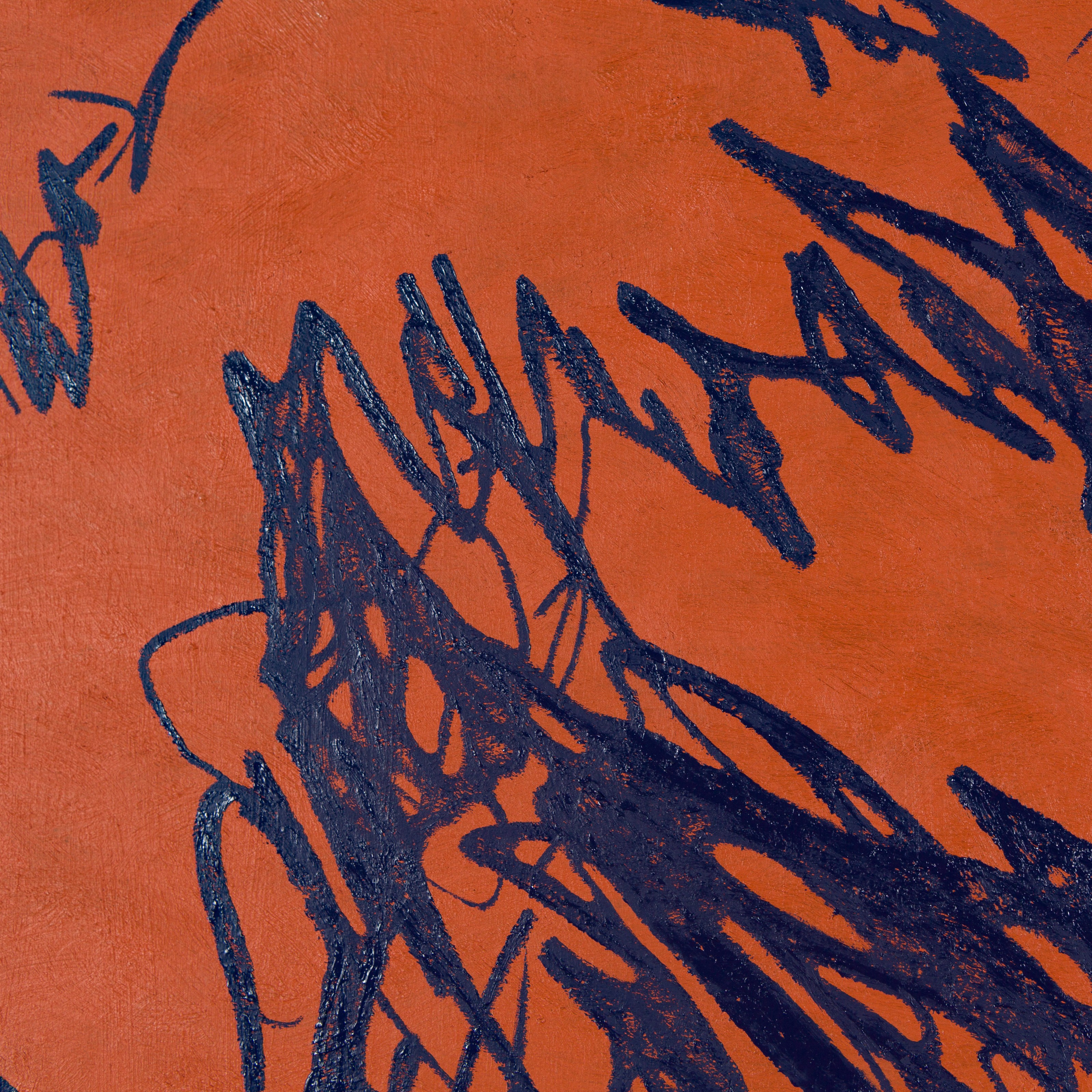 A bold abstract composition featuring dark blue jagged lines against a textured orange background.