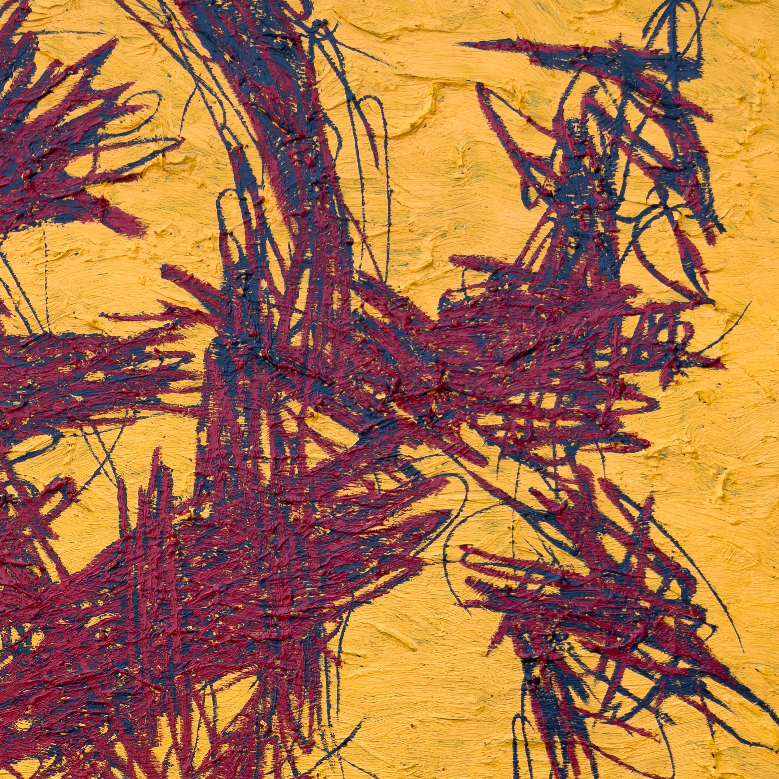 A painting with red and yellow paint on a yellow background.