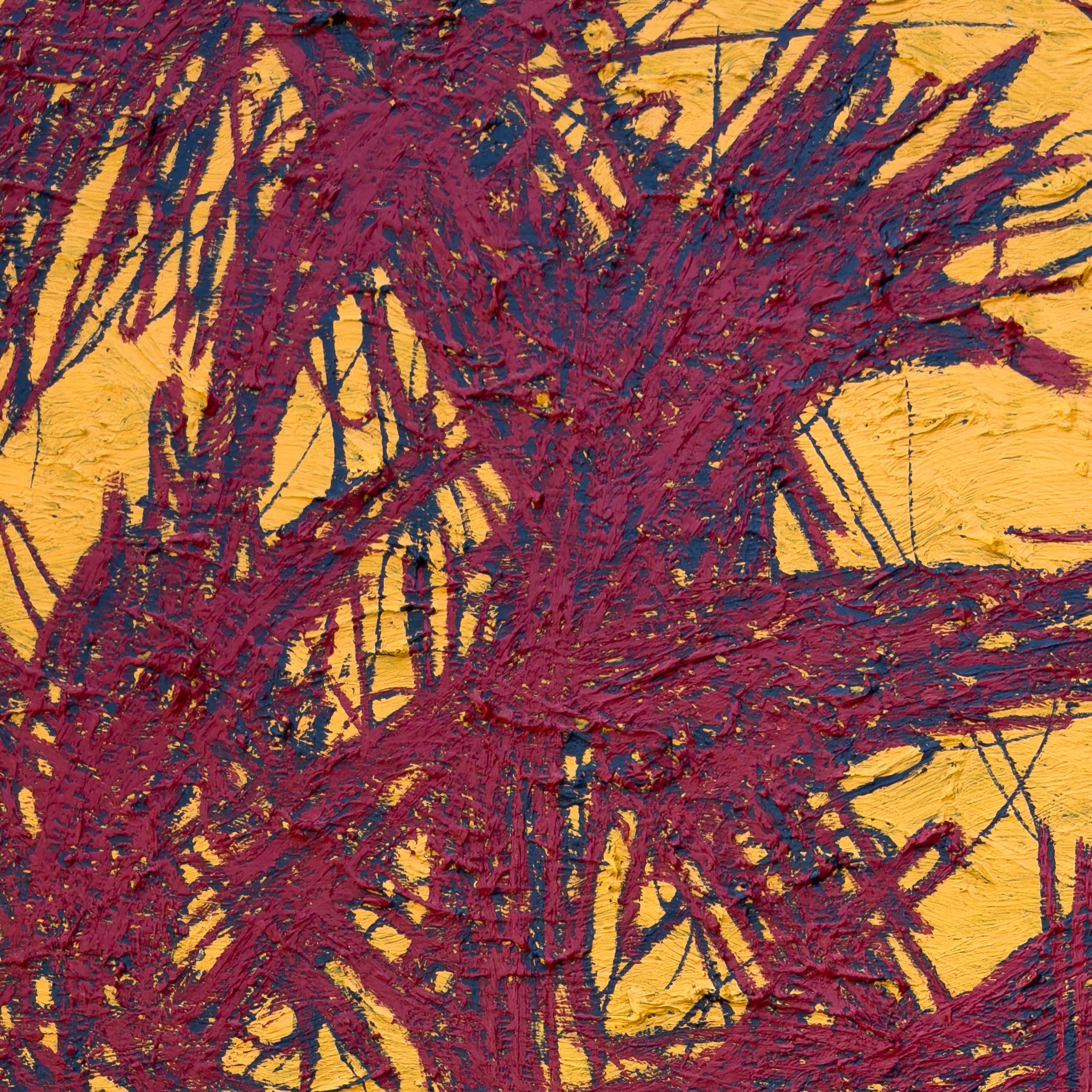 A painting with red and yellow paint on a yellow background.