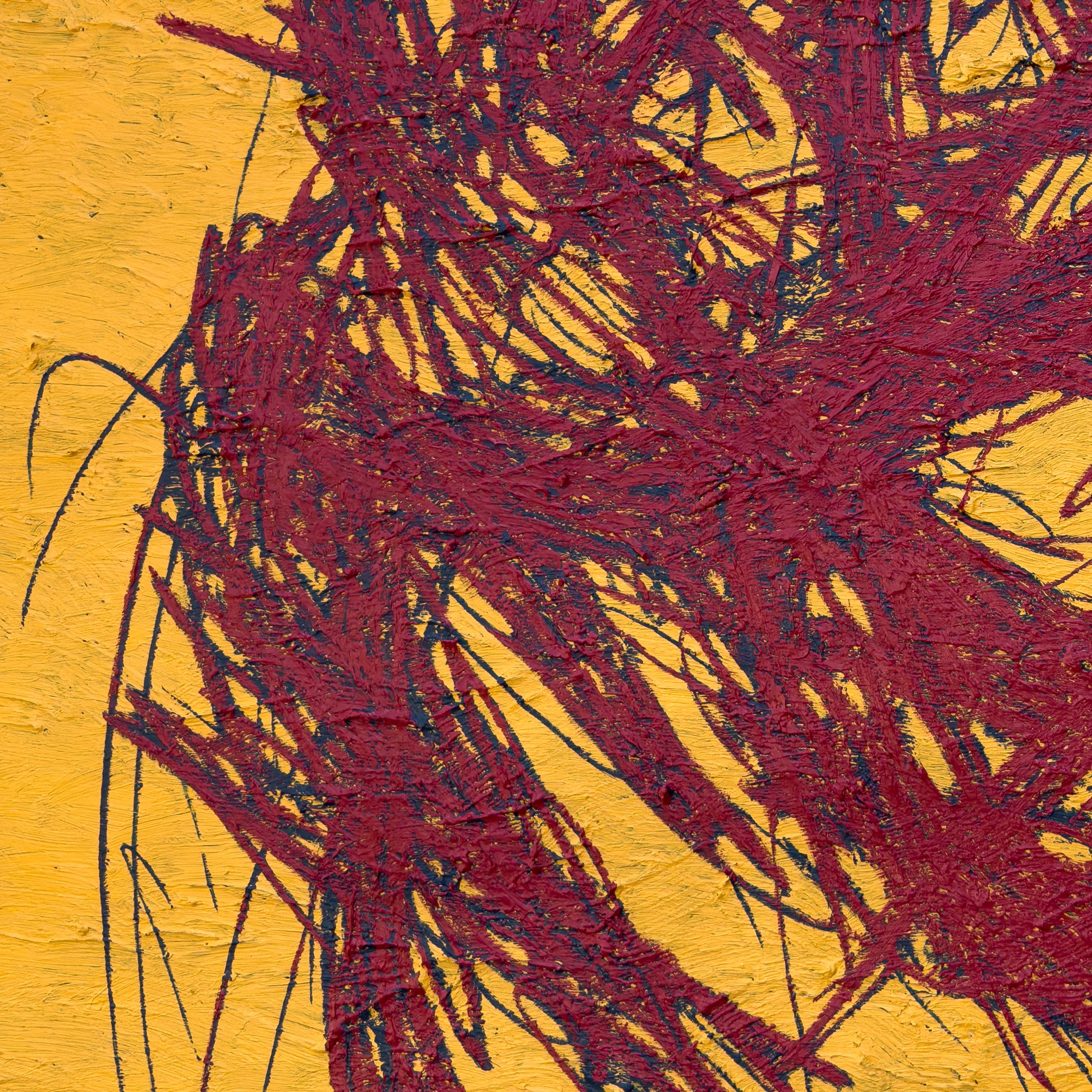 A painting with red and yellow paint on a yellow background.