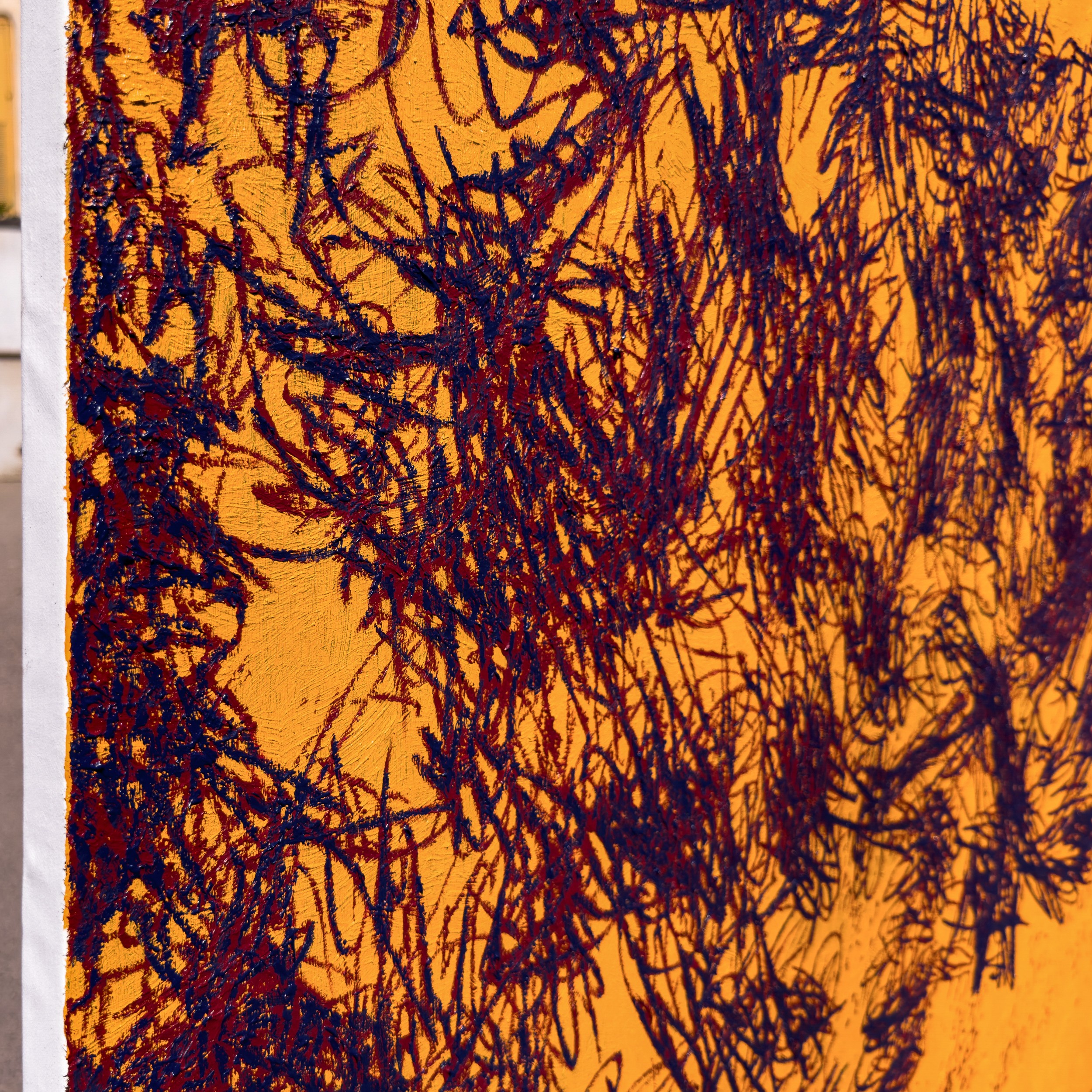 A painting of a bunch of twigs on a yellow background.