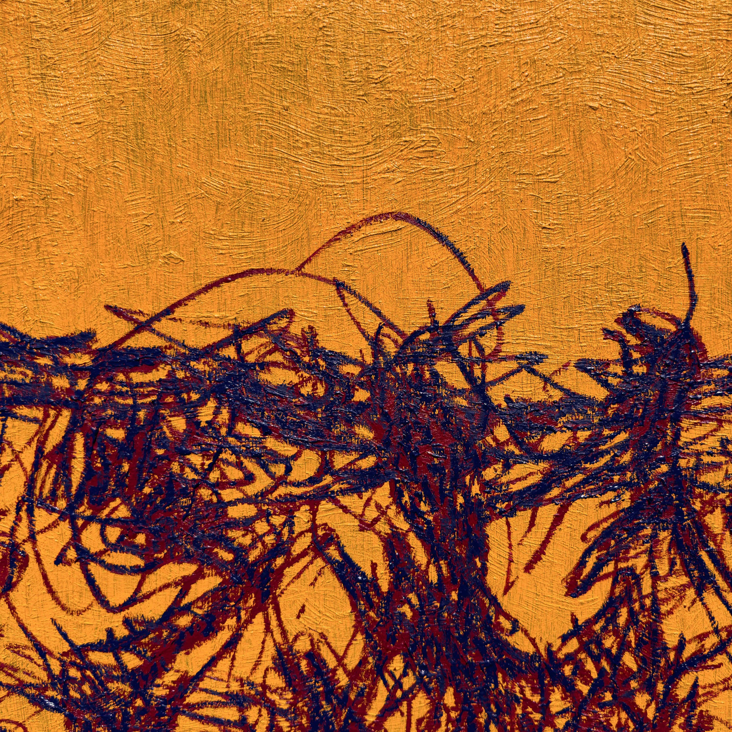 A painting of a bunch of twigs on a yellow background.