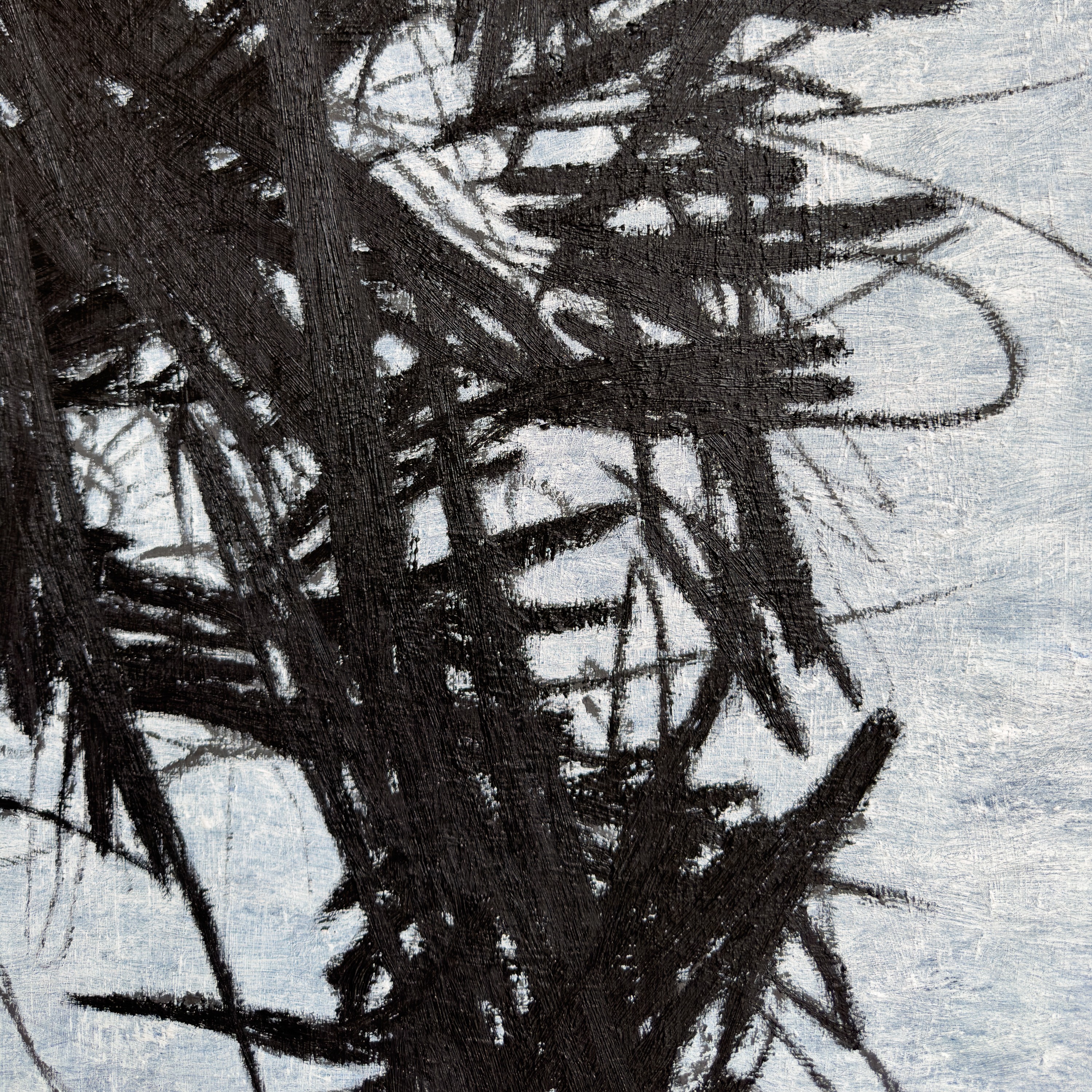A monochromatic close-up of a textured, organic form resembling tangled roots or foliage.