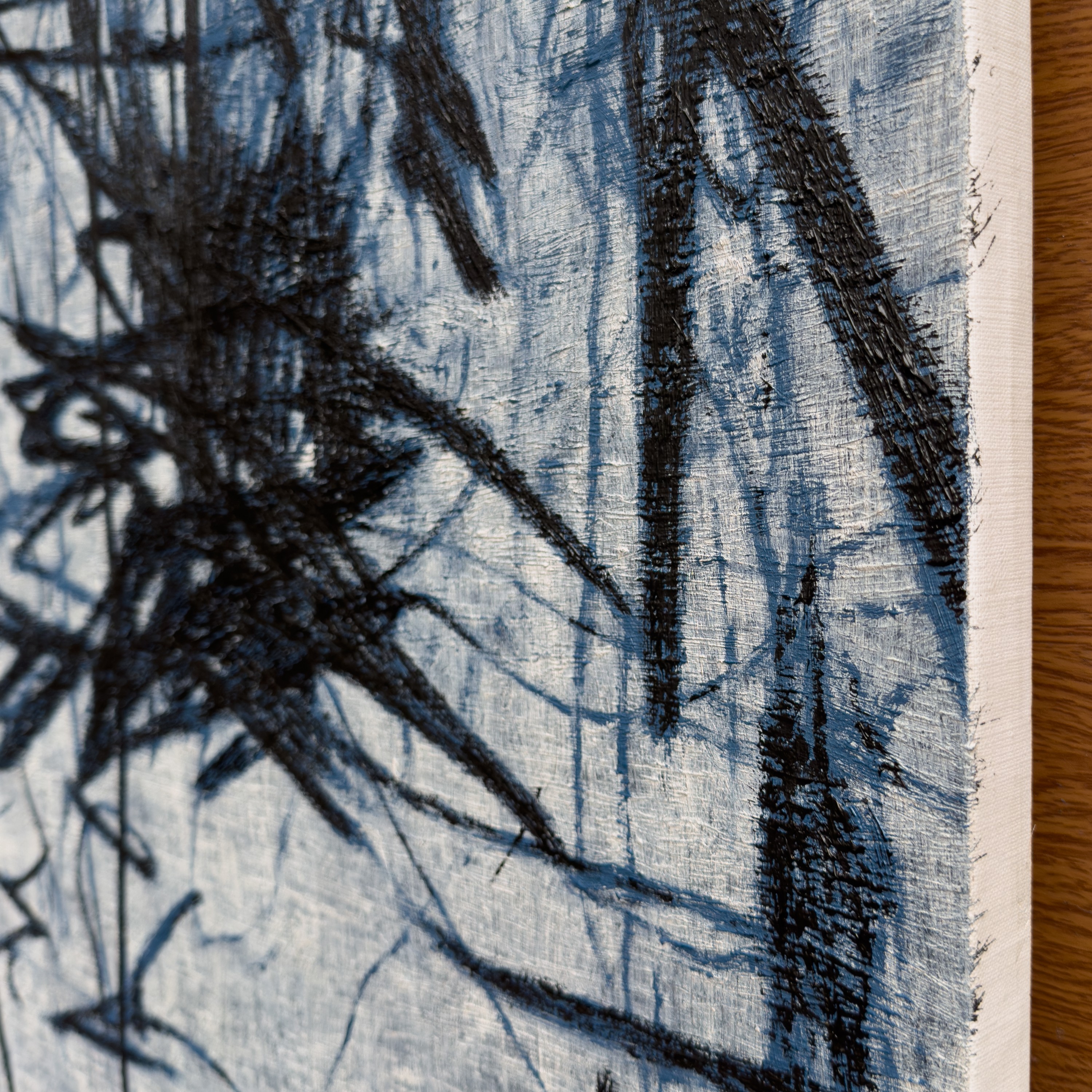 A textured close-up of a light surface marked by dark, organic lines and shadows.