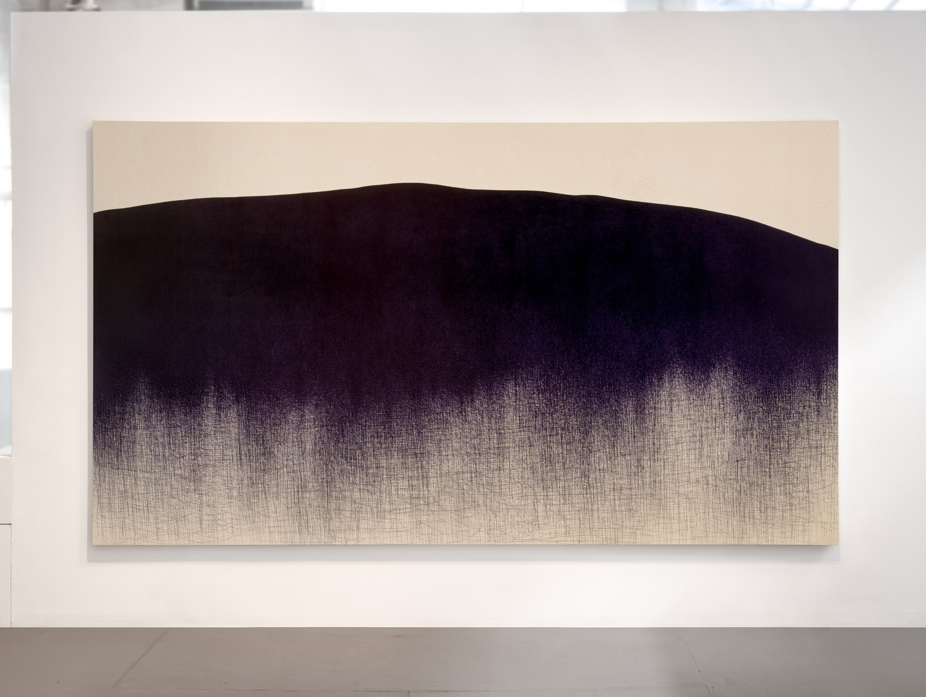 A minimalist abstract composition featuring a deep purple gradient over a textured surface.