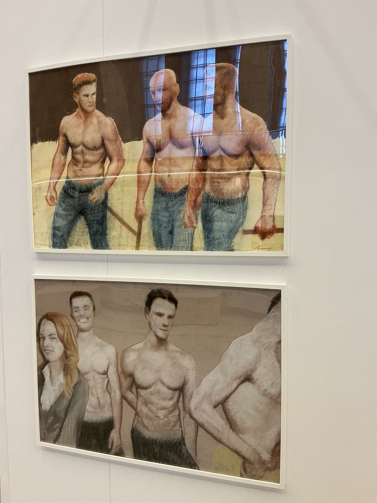 A drawing of three men and a woman standing next to each other.