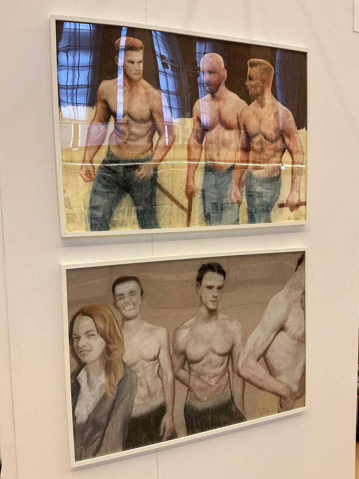 A drawing of three men and a woman standing next to each other.