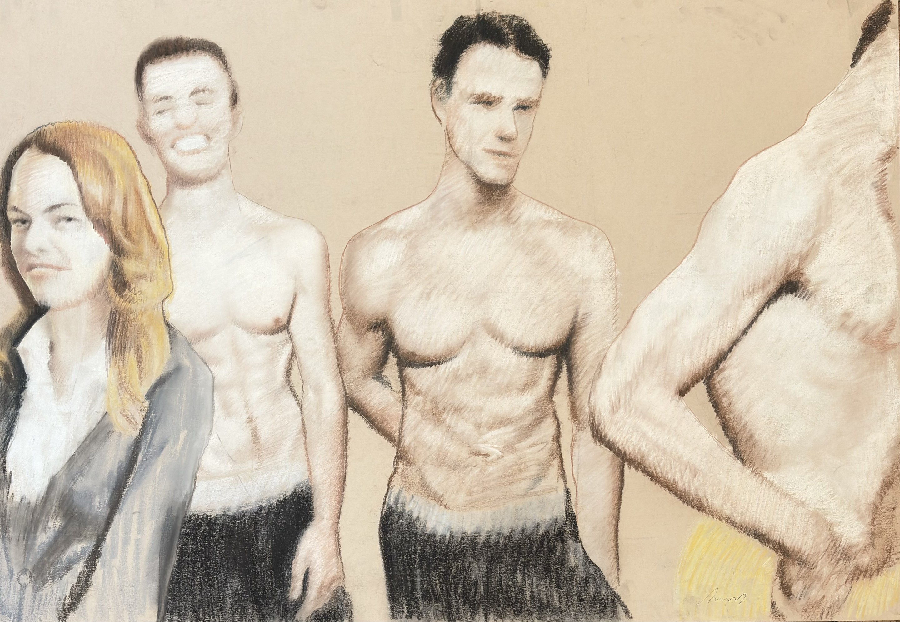 A drawing of three men and a woman standing next to each other.