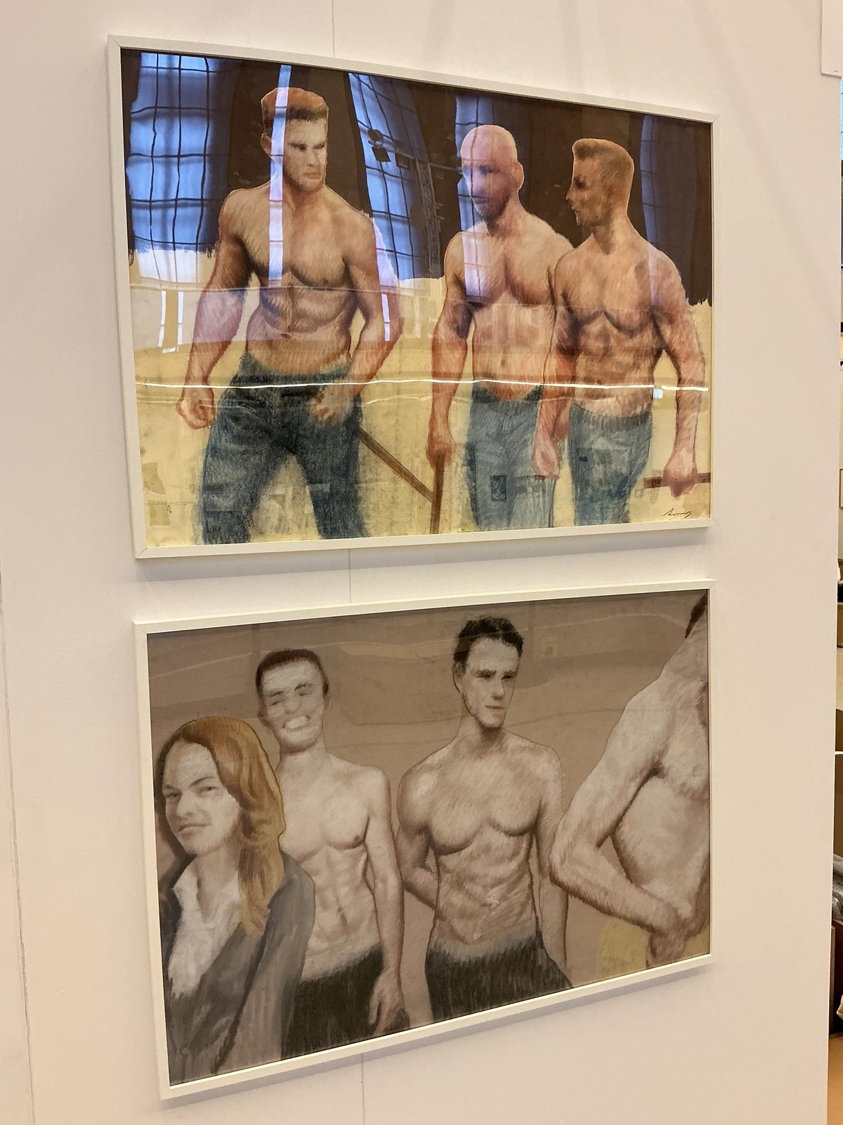 A drawing of three men and a woman standing next to each other.