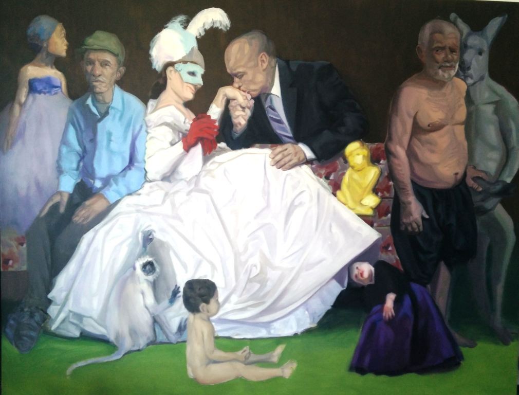 A painting of a group of people sitting around a woman in a white dress.