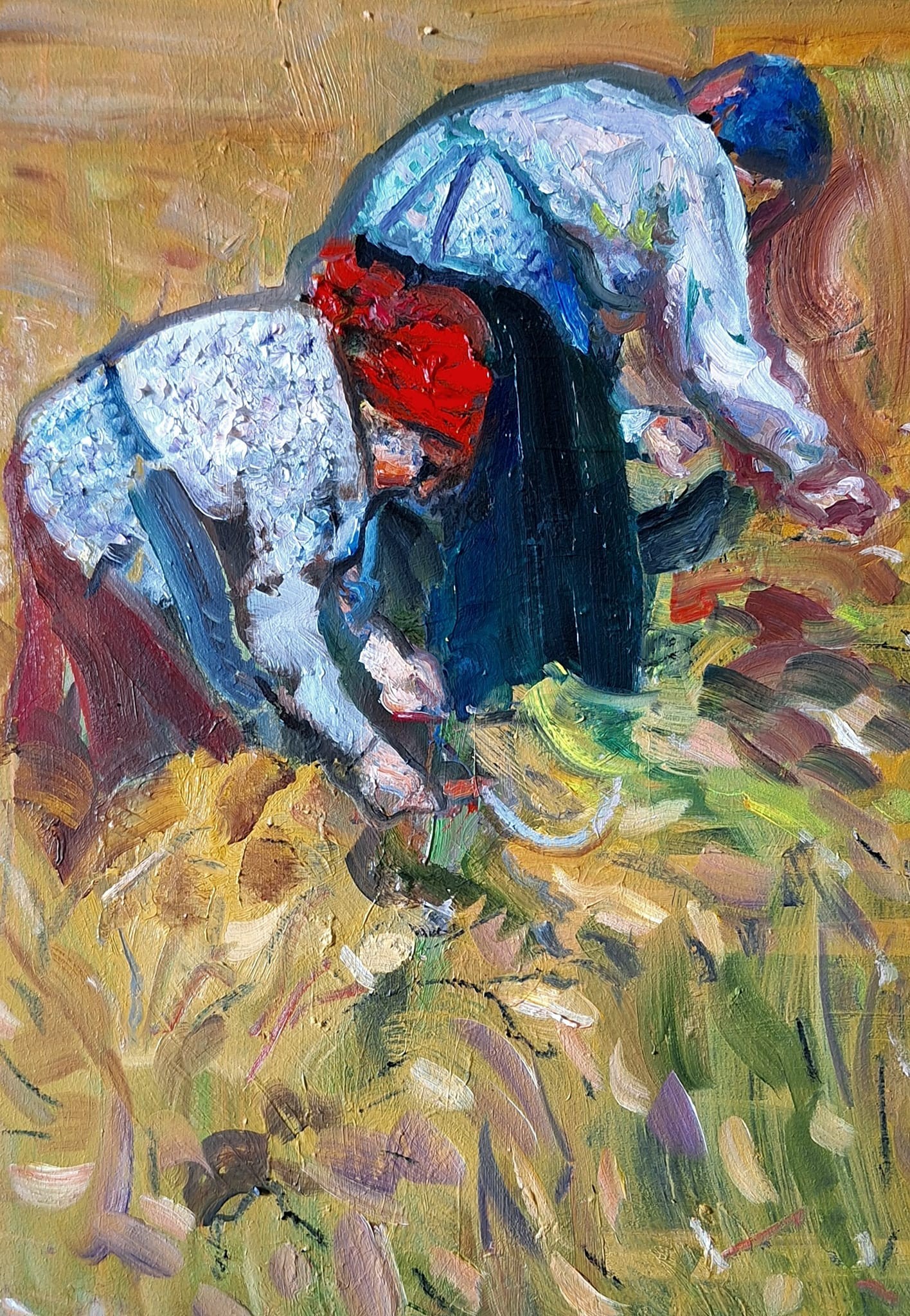 A painting of two people working in a field.