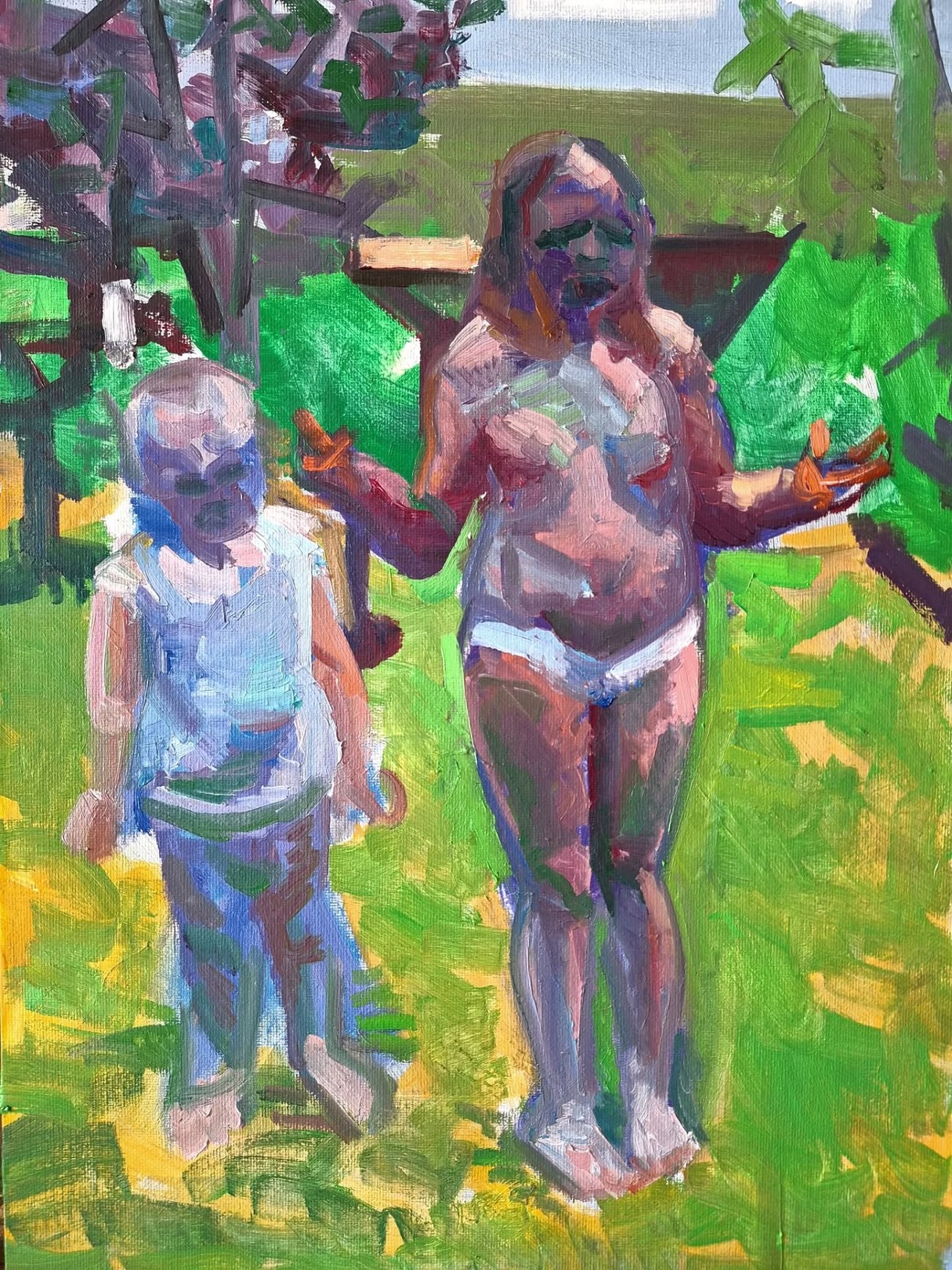 A painting of a woman and a child in a field.