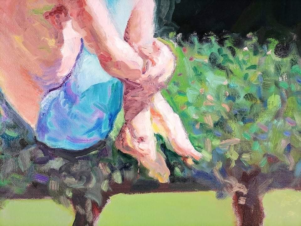 A painting of a woman sitting on a tree branch.