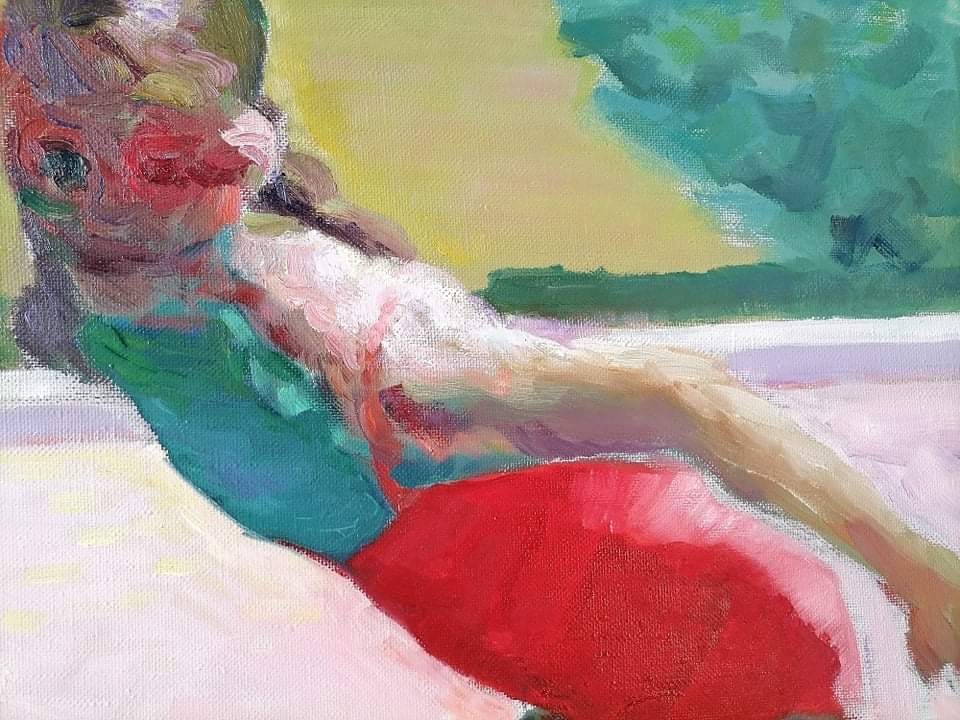 A painting of a woman sitting on a tree branch.