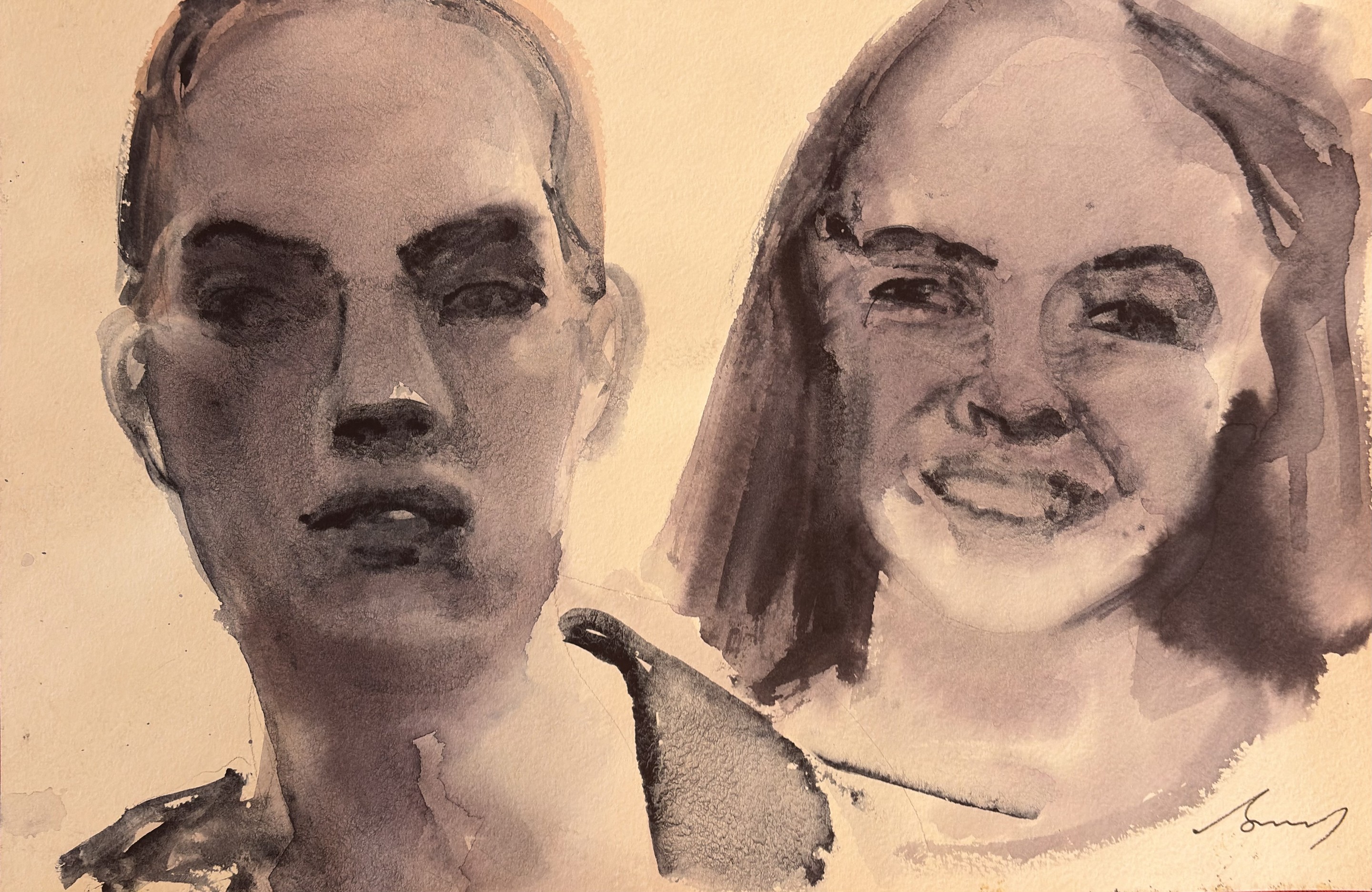 A watercolor painting of a man and a woman.