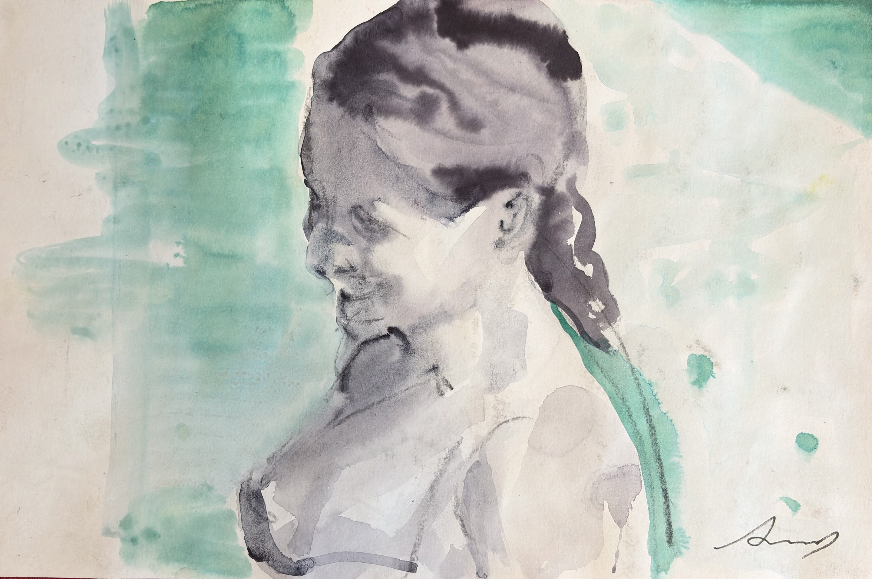 A watercolor painting of a woman with her eyes closed.
