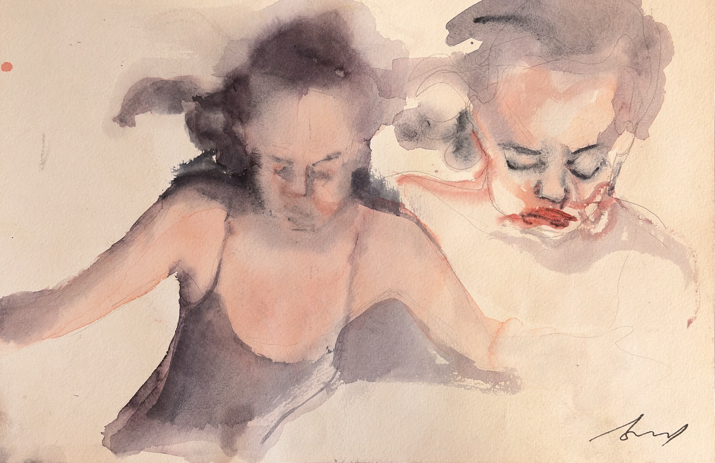 A watercolor painting of two women sitting next to each other.