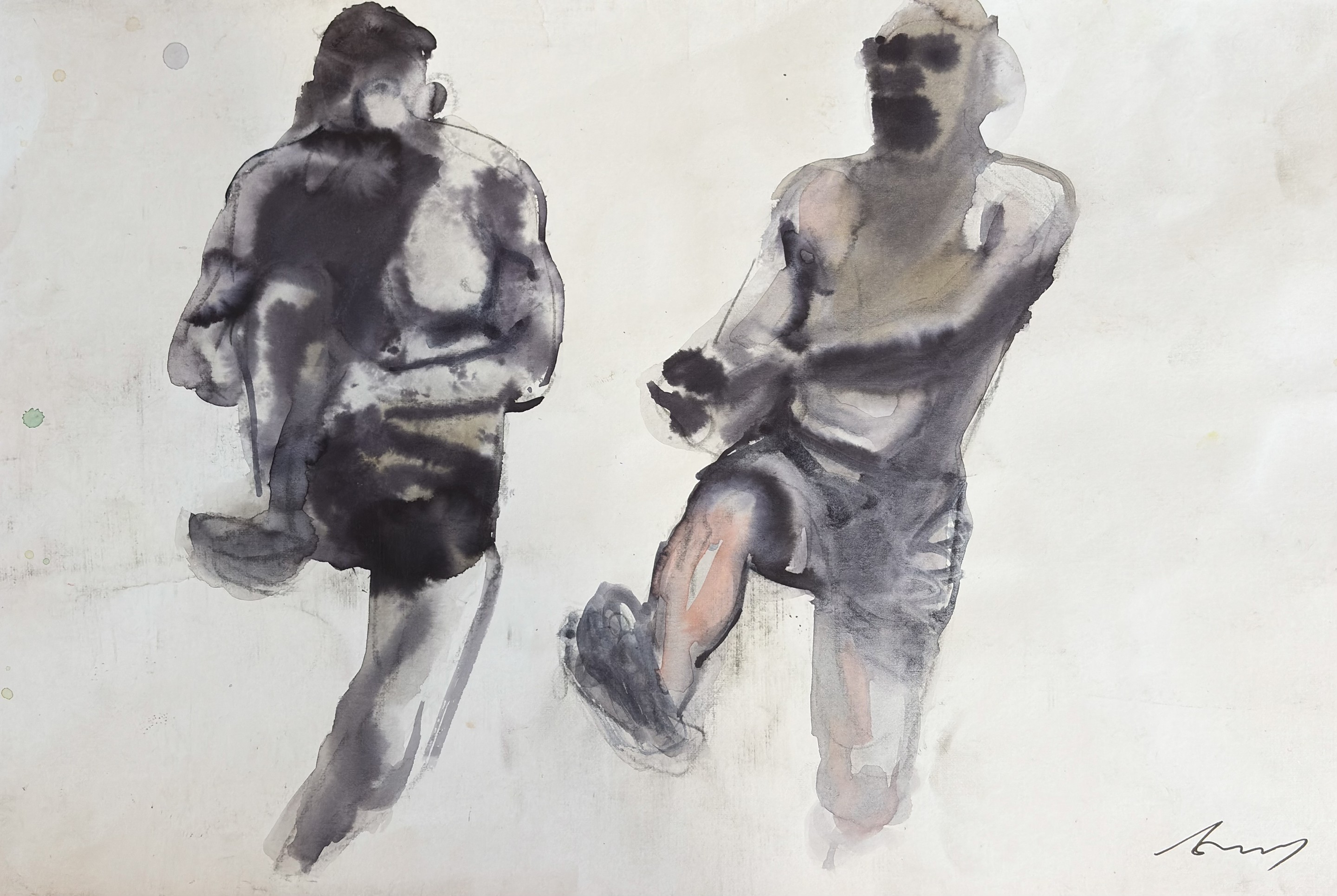 A watercolor painting of two men sitting on a bench.