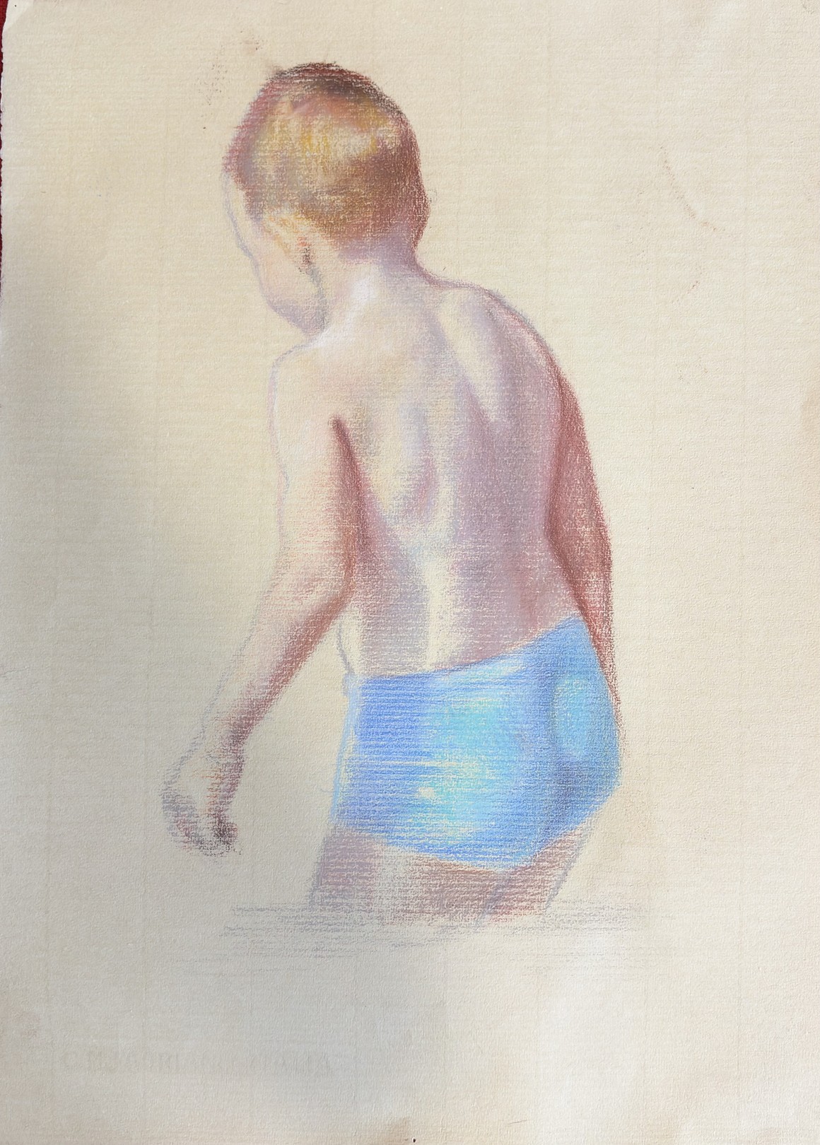 A drawing of a child in a blue underwear.