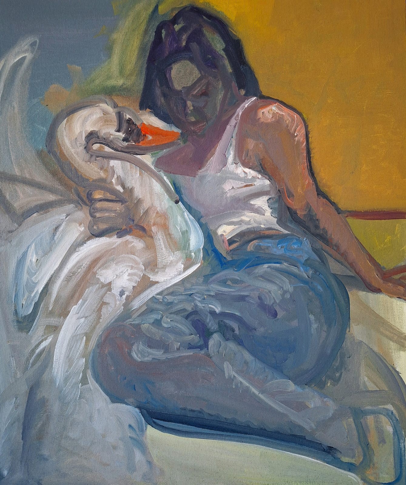 A painting of a woman sitting on a couch with a swan.
