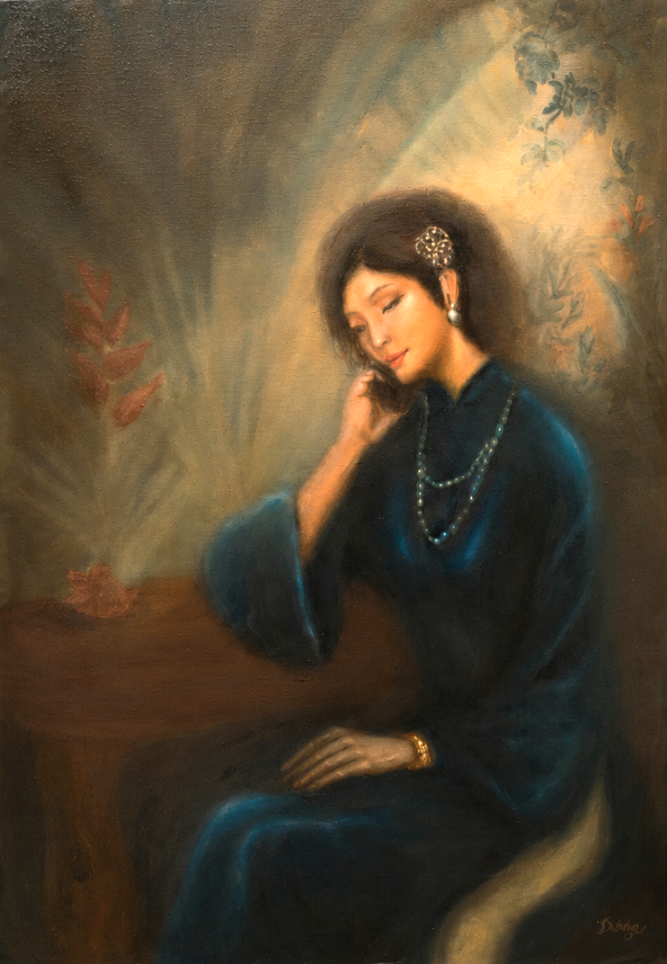 A serene portrait of a seated figure in deep blue velvet, illuminated by soft, directional light.