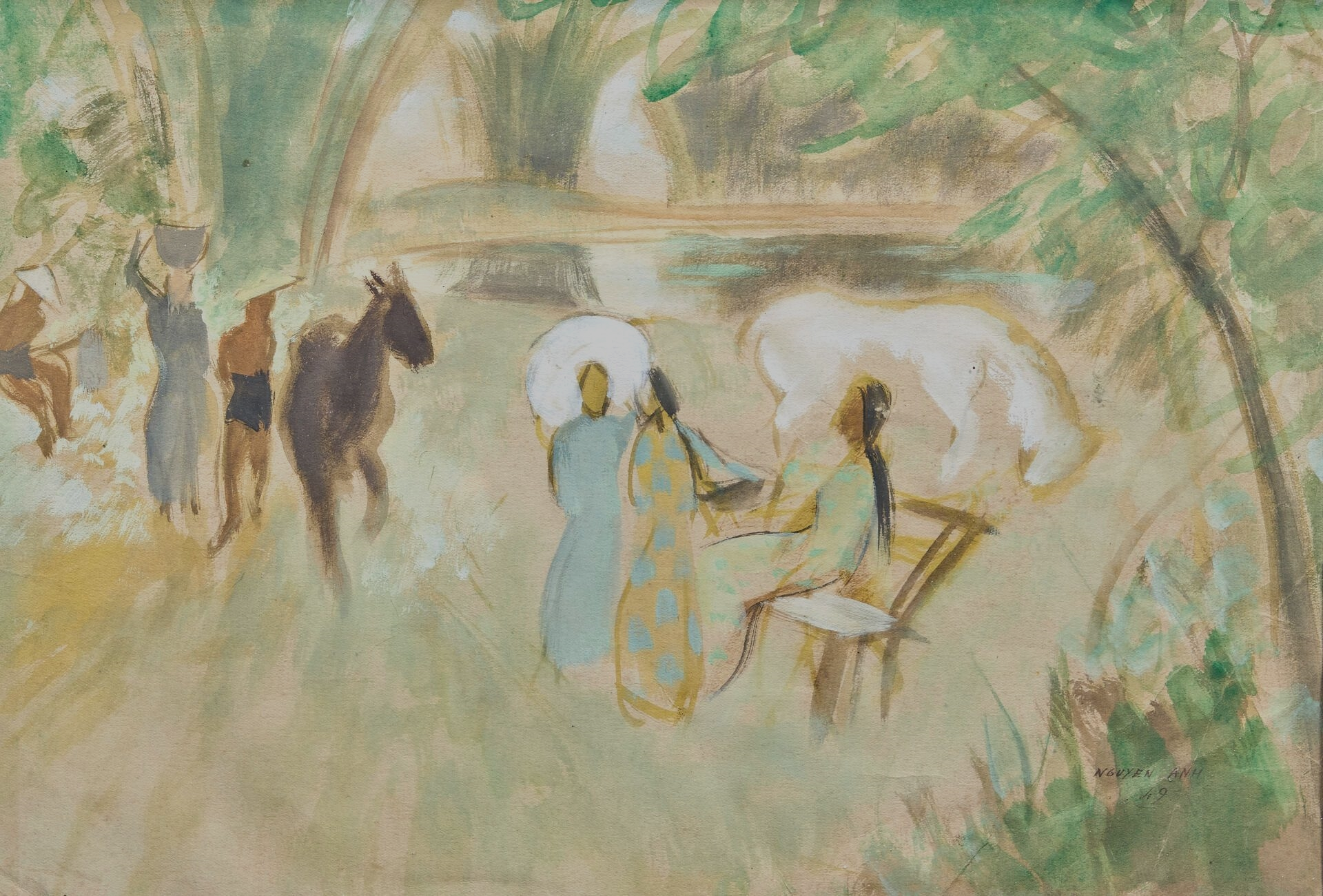 A watercolor scene of figures and animals in a sun-dappled forest.