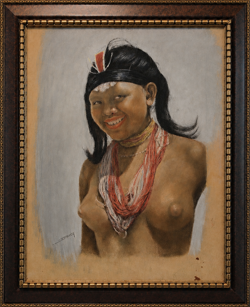 A painted portrait of a smiling figure adorned with colorful necklaces and a headband.
