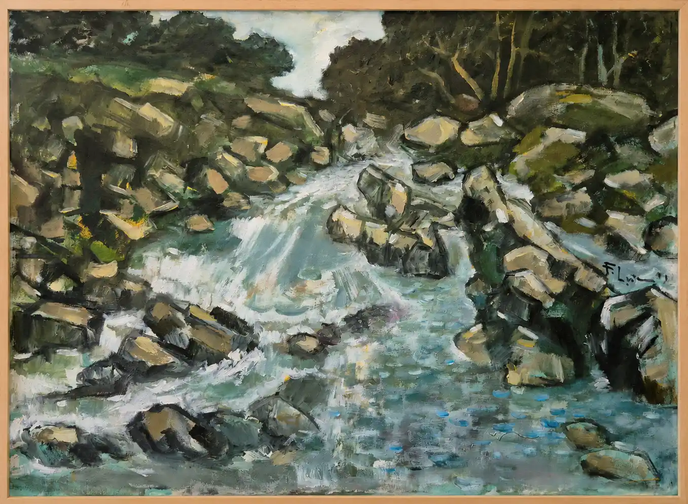 A dynamic landscape painting of a rushing stream flowing through a rocky gorge.