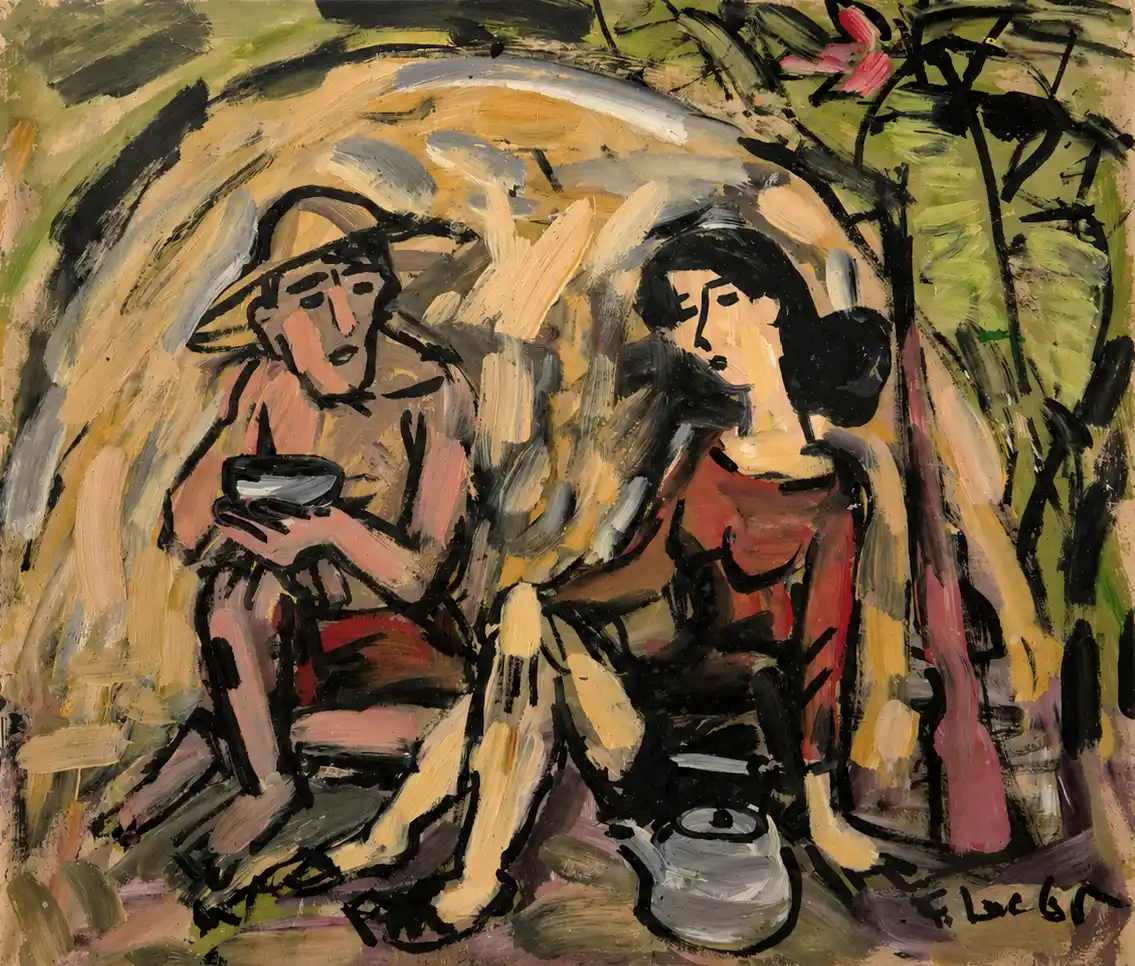A vibrant, abstracted scene of two figures sharing a moment over tea in an outdoor setting.