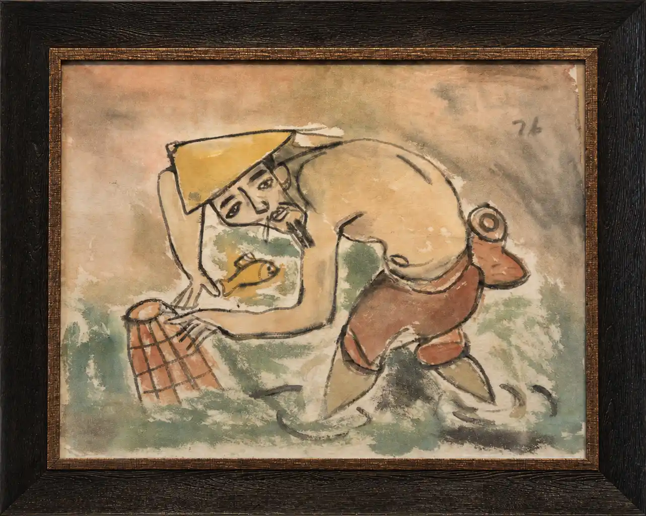 A stylized figure in a conical hat holds a basket containing a fish, rendered in loose, expressive lines against a muted background.