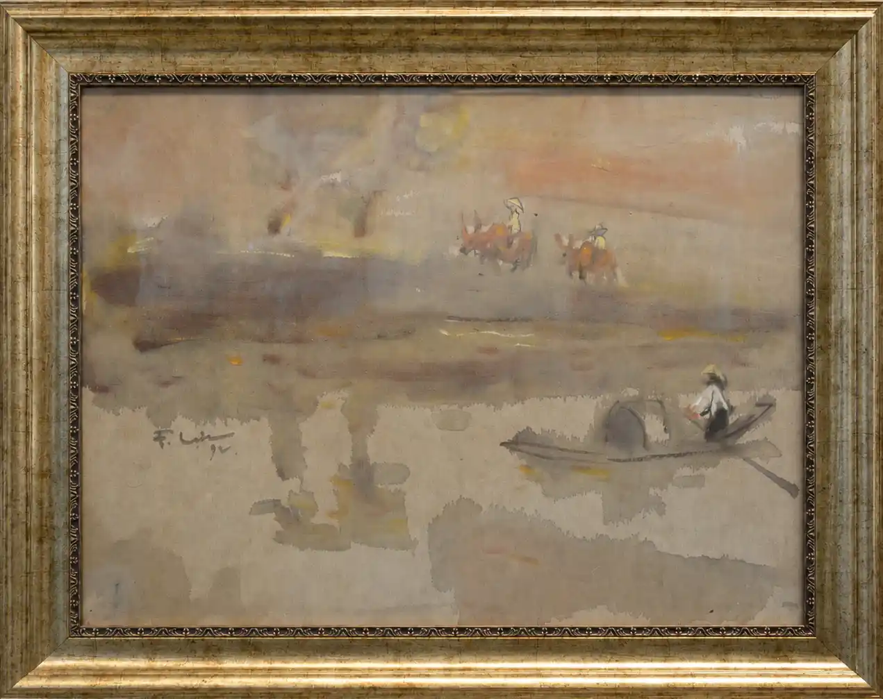 A watercolor landscape of a river scene with a boat and ox-drawn carts under a hazy sky.