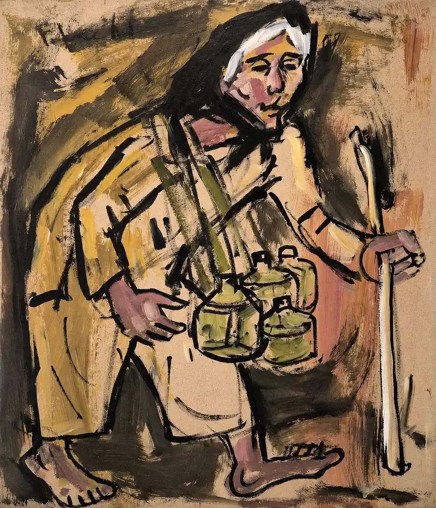 A figure in a yellow robe carries green jugs and holds a staff, rendered in expressive brushstrokes.