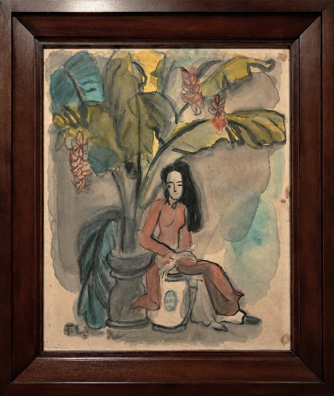 A watercolor portrait of a seated figure in a tropical setting.
