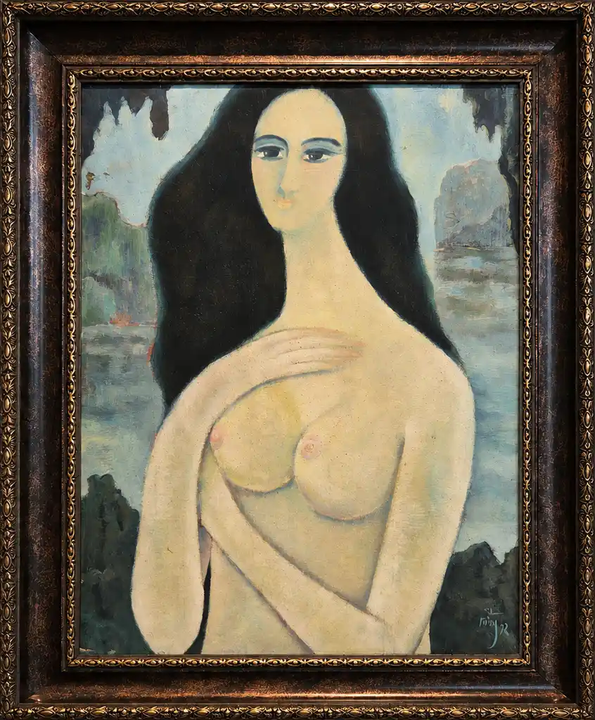 A framed painting of a nude figure with long dark hair against a landscape background.