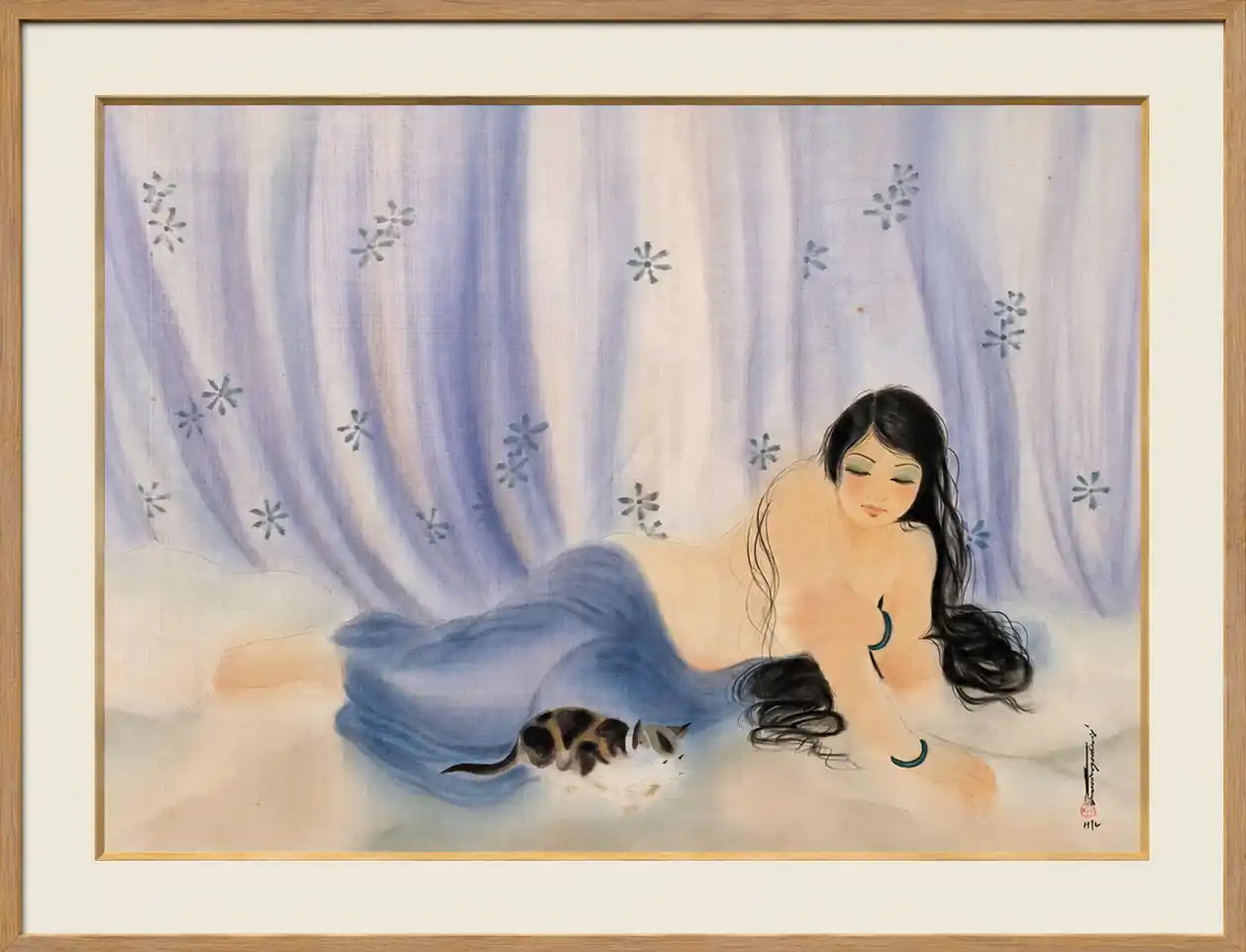 A serene watercolor painting of a reclining figure with long dark hair and a blue cloth, accompanied by a small cat.