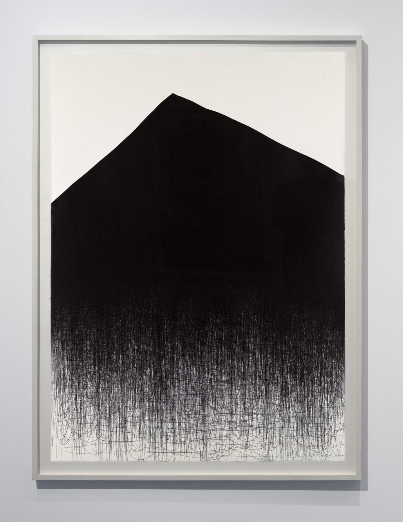 A minimalist artwork featuring a solid black triangular shape against a white background, with a dense field of vertical lines at the base.