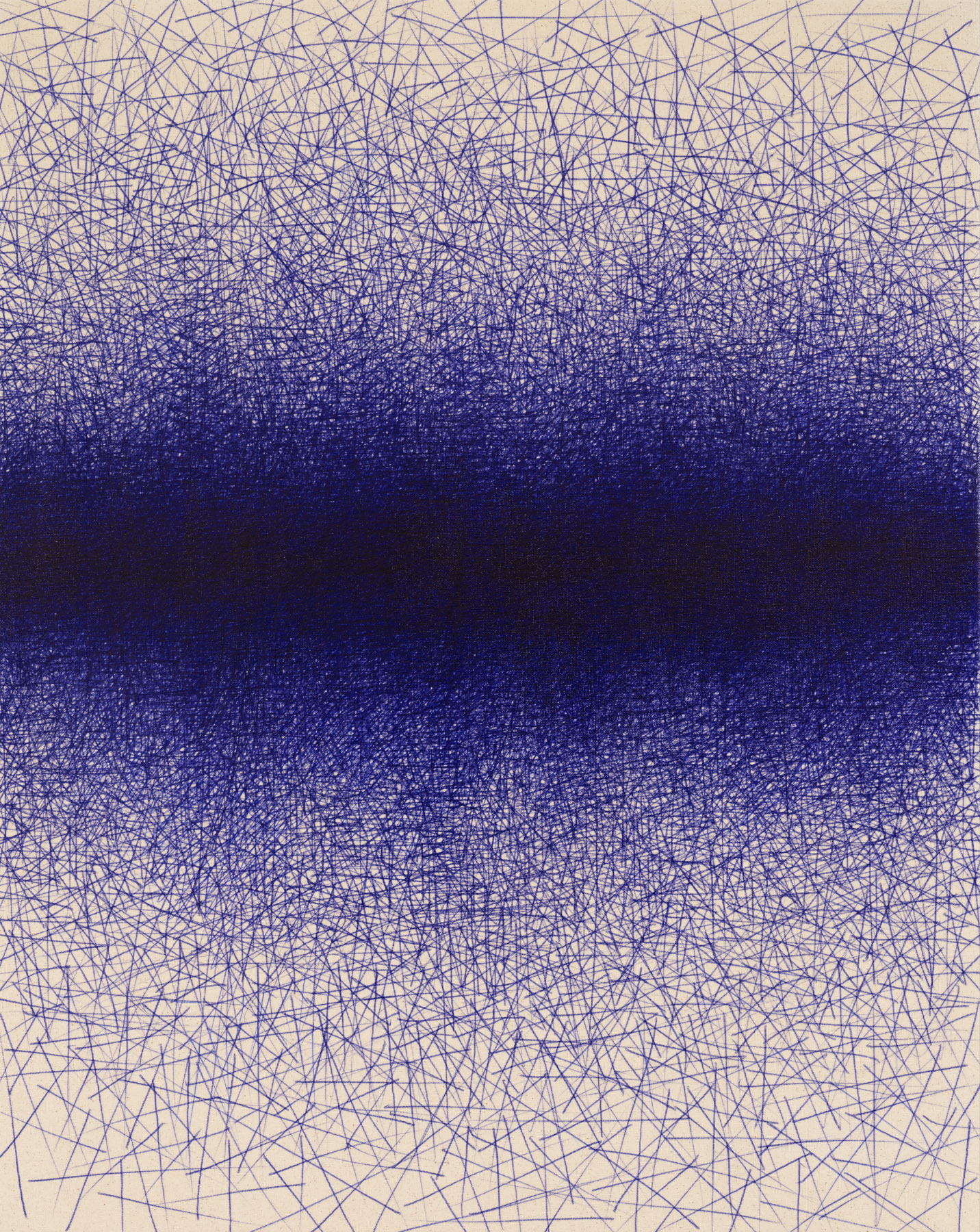 A vertical abstract composition featuring a central dark blue band surrounded by lighter blue scribbles on a cream background.