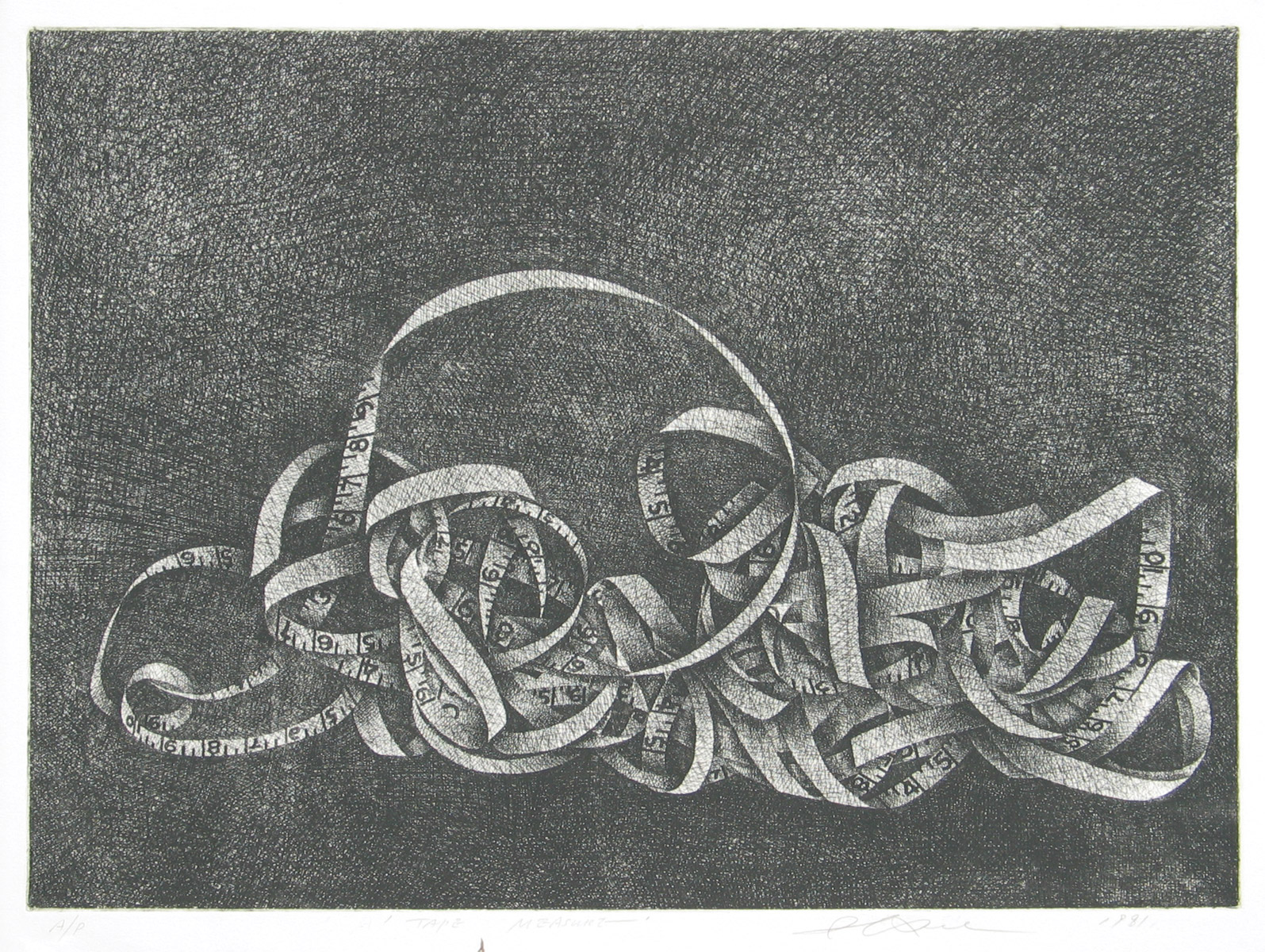 A monochromatic etching of a tangled measuring tape against a dark, textured background.