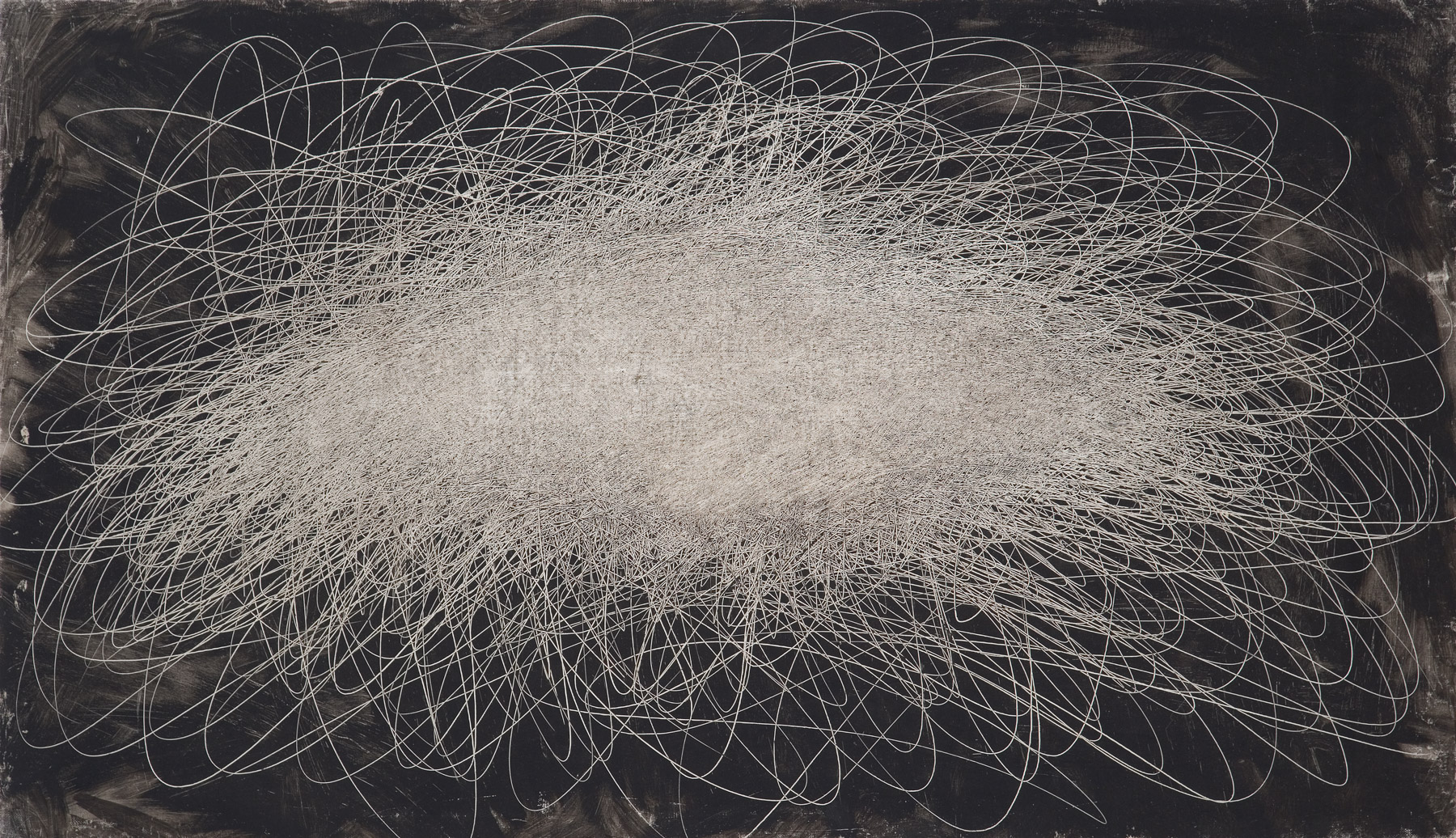 A monochromatic abstract composition featuring a dense, swirling mass of white lines against a dark background.