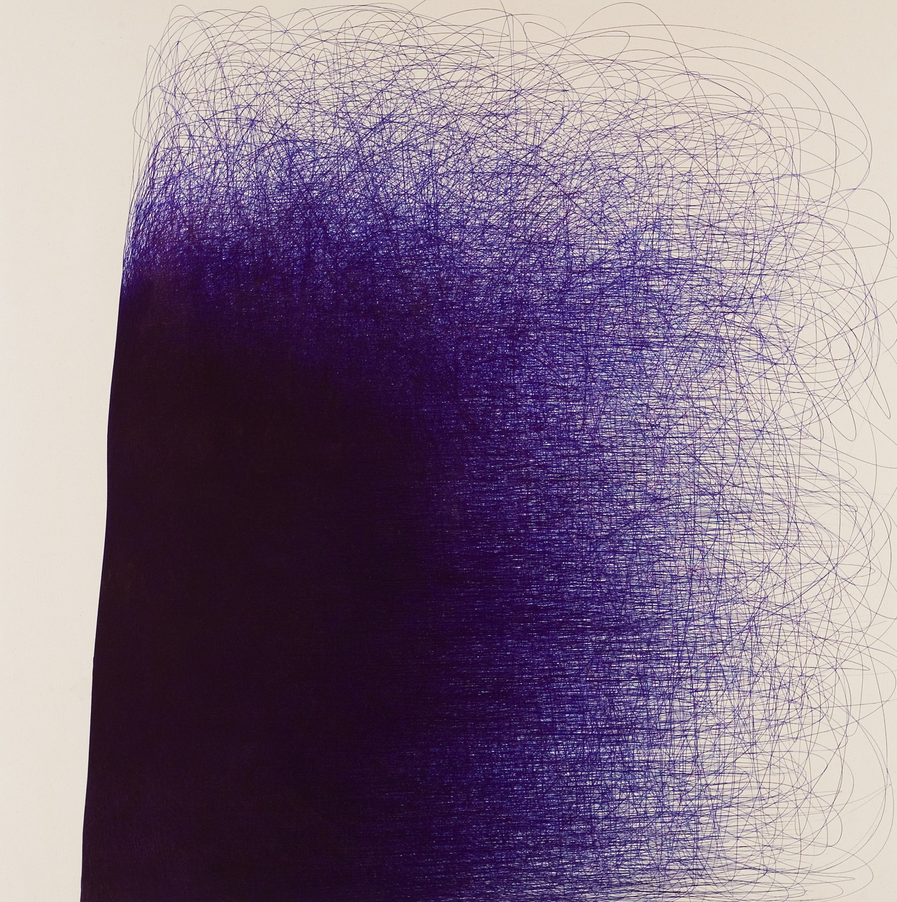 A dense abstract composition of purple ink lines forming a dark, organic shape against a pale background.