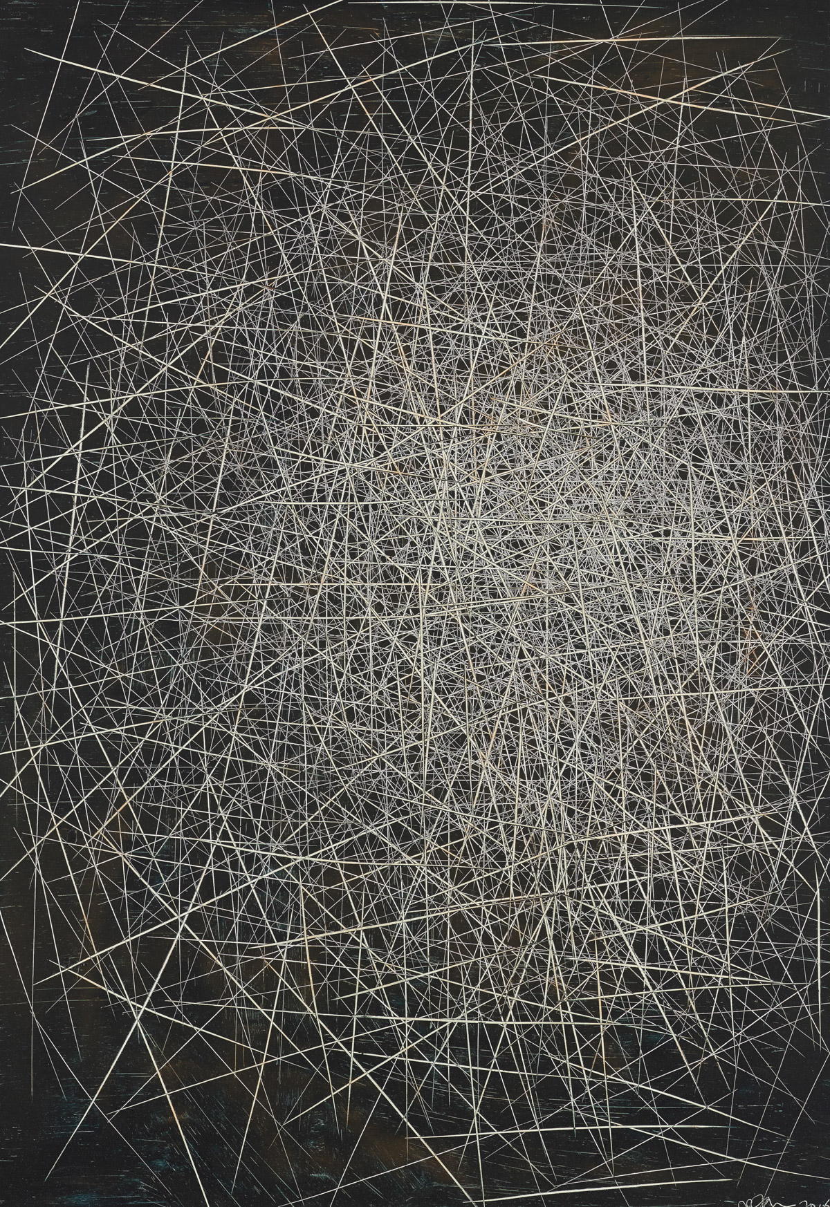 A chaotic abstract composition of white lines on a dark background.