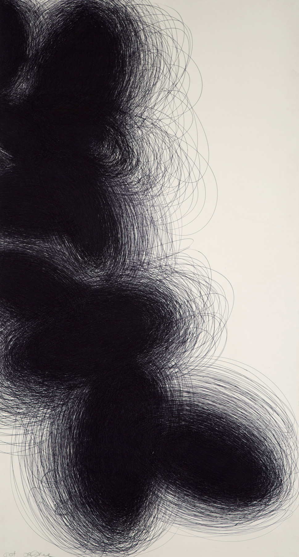 A minimalist abstract drawing featuring dense black ink lines forming organic shapes against a plain background.