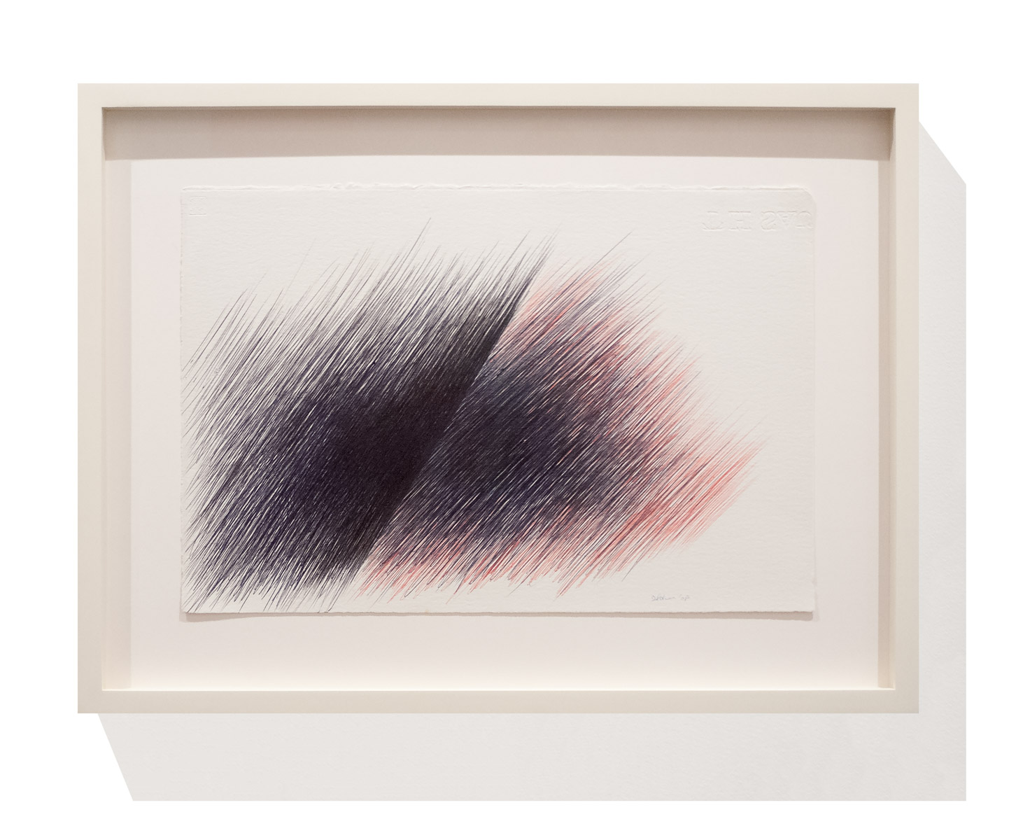 A framed abstract drawing featuring diagonal hatching in black and red against a white background.