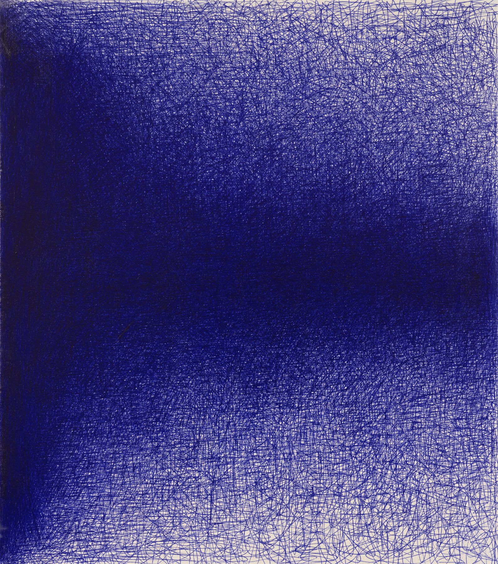 A dense blue scribble drawing on white paper.