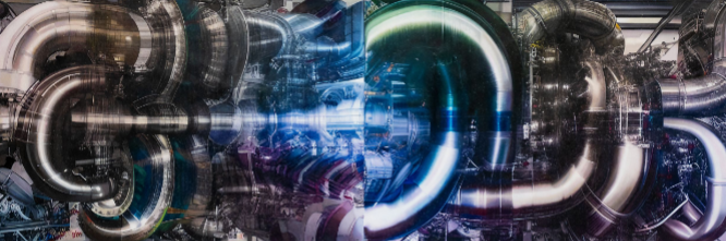 A panoramic view of a complex industrial interior filled with large metallic pipes and glowing blue light.