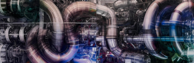 A complex industrial scene featuring large metallic pipes and machinery with a sense of motion blur.