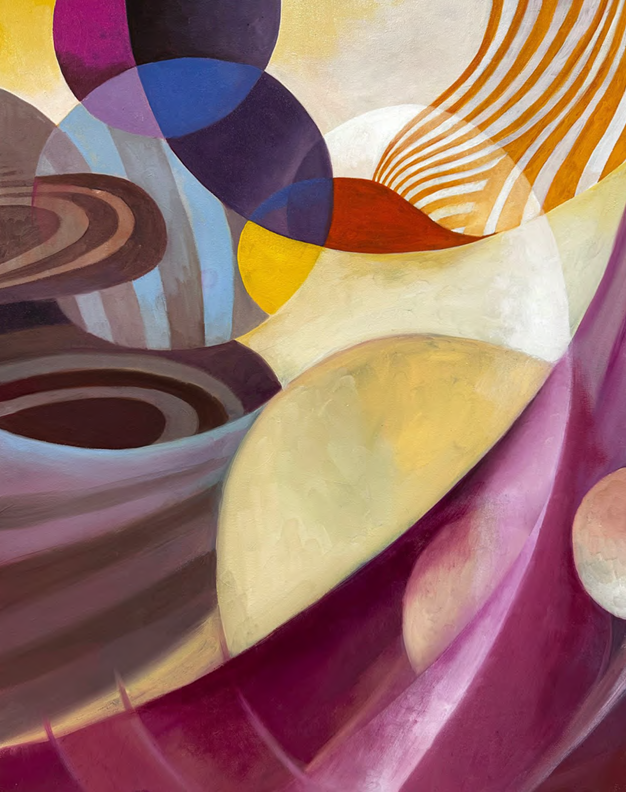A vibrant abstract composition of overlapping geometric shapes and organic curves in a rich, warm color palette.