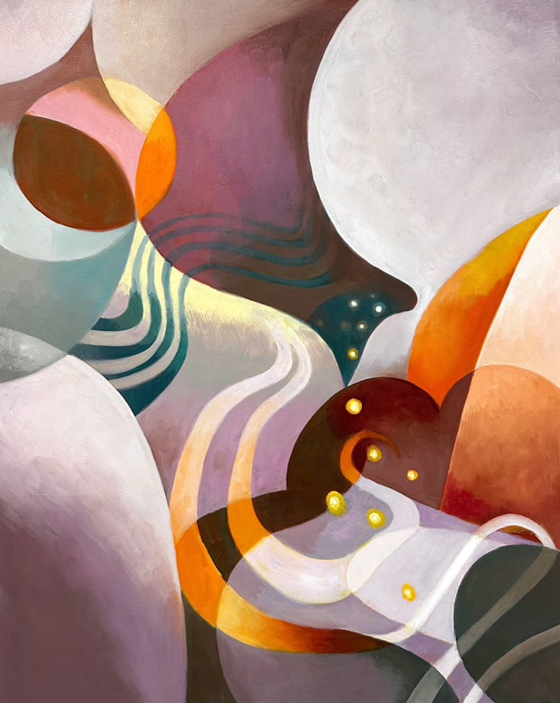 A vibrant abstract composition featuring layered geometric shapes and flowing curves in a warm, earthy palette.